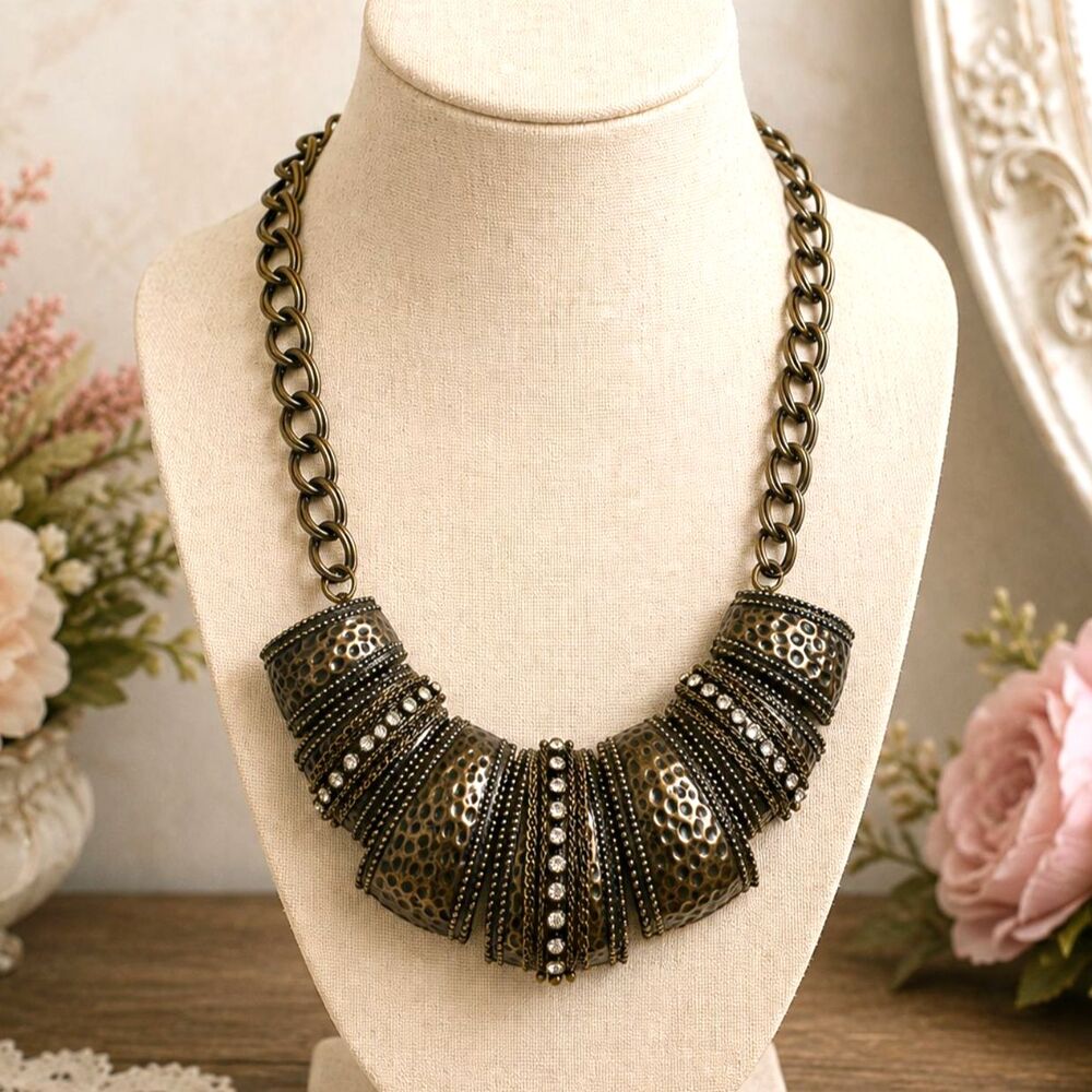 Bronze Tone Chunky Rhinestone Statement Necklace Large Link Chain Bib